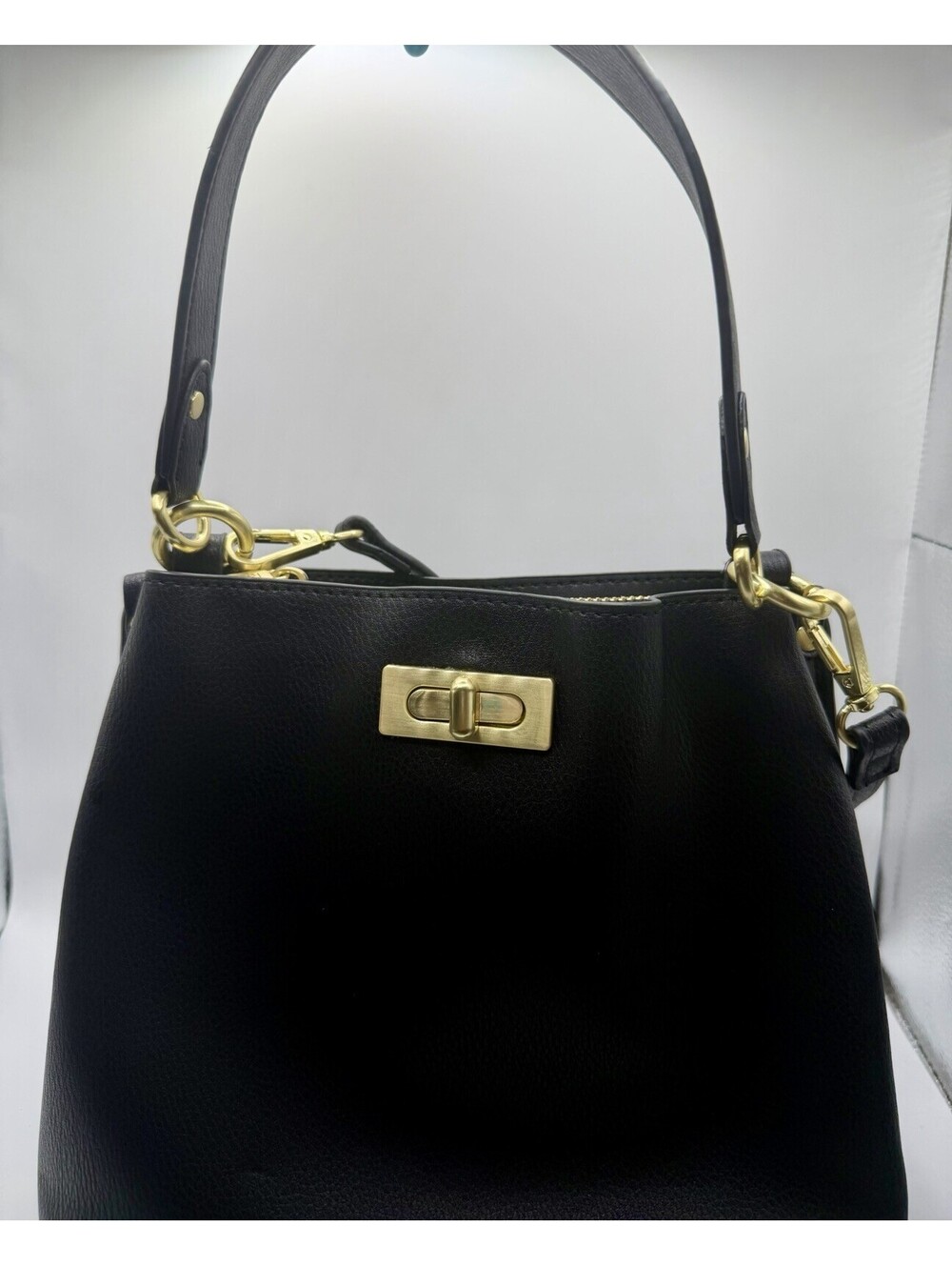 Rachel Zoe Black Faux Leather Shoulder Bag Gold Turnlock Structured Bag